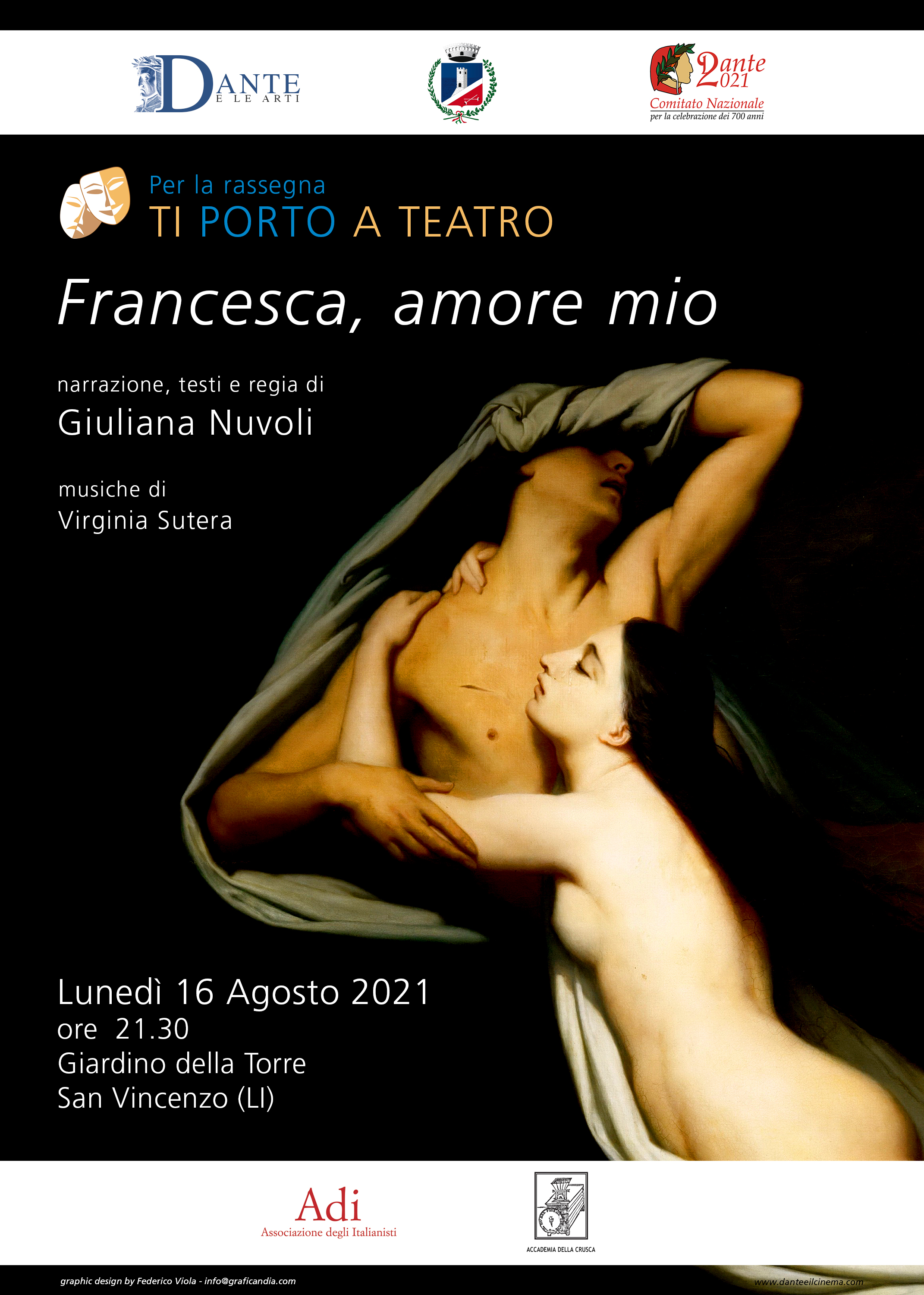 “Francesca, amore mio”, di Giuliana Nuvoli, musiche di Virginia Sutera. San Vincenzo, Giardini della Torre, 16 agosto 2021, ore 21.30