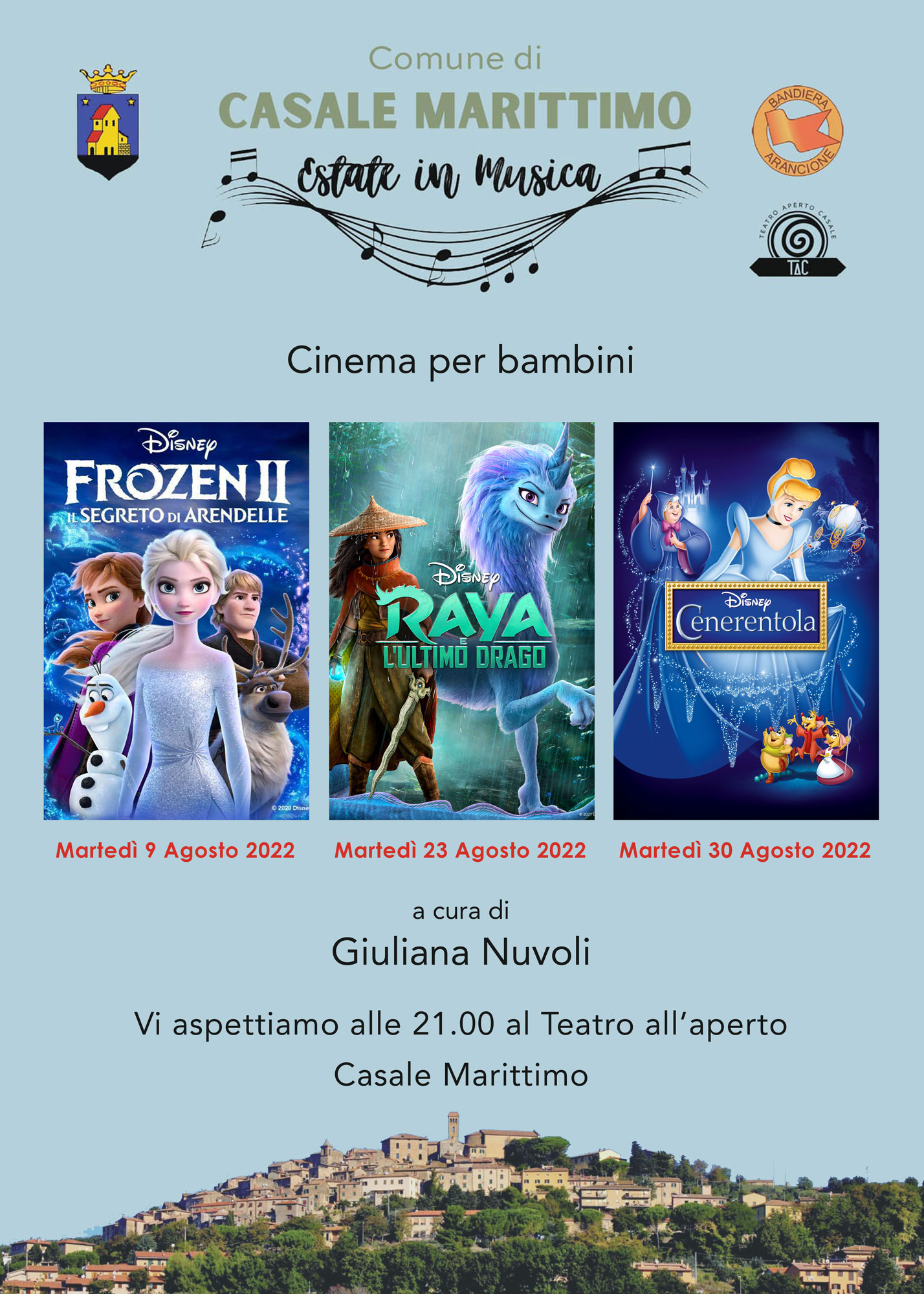 Tre serate di cinema per bambini, a cura di Giuliana Nuvoli, 9, 23, 30 agosto 2022, ore 21, teatro all’aperto, Casale Marittimo.
