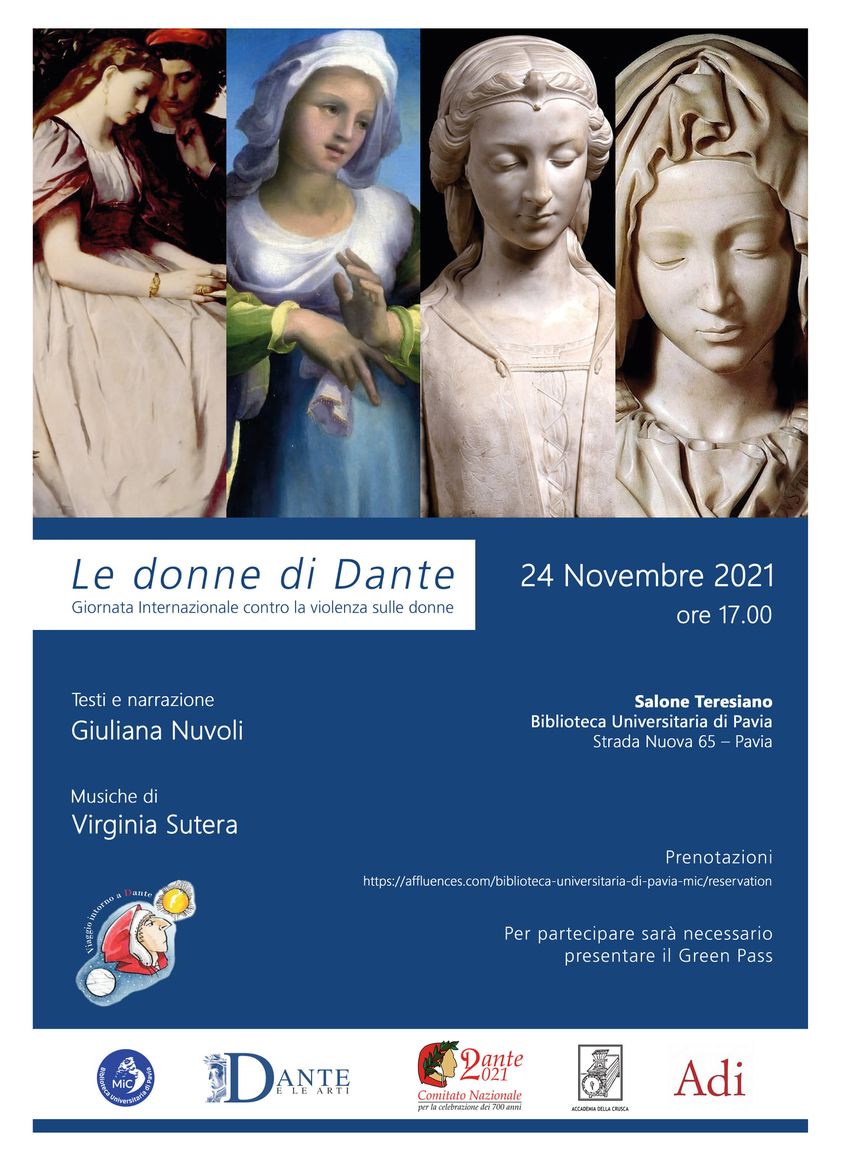“Le donne di Dante”, testi e narrazione di Giuliana Nuvoli, musiche di Virginia Sutera, 24 novembre 2021, ore 17, Salone Teresiano, Biblioteca dell’Università di Pavia.