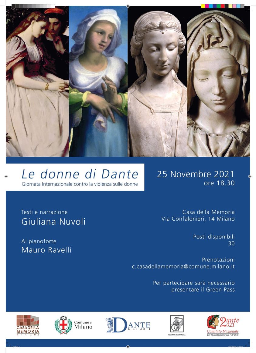 “Le donne di Dante”, testi e narrazione di Giuliana Nuvoli, al pianoforte Mauro Ravelli, 25 novembre 2022, ore 18.30, Casa della Memoria, Milano