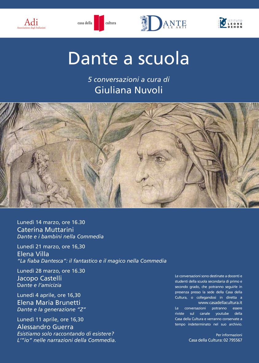 “Dante a scuola”, 5 conversazioni a  cura di Giuliana Nuvoli, 14 marzo – 11 aprile 2022, Casa della Cultura, Milano