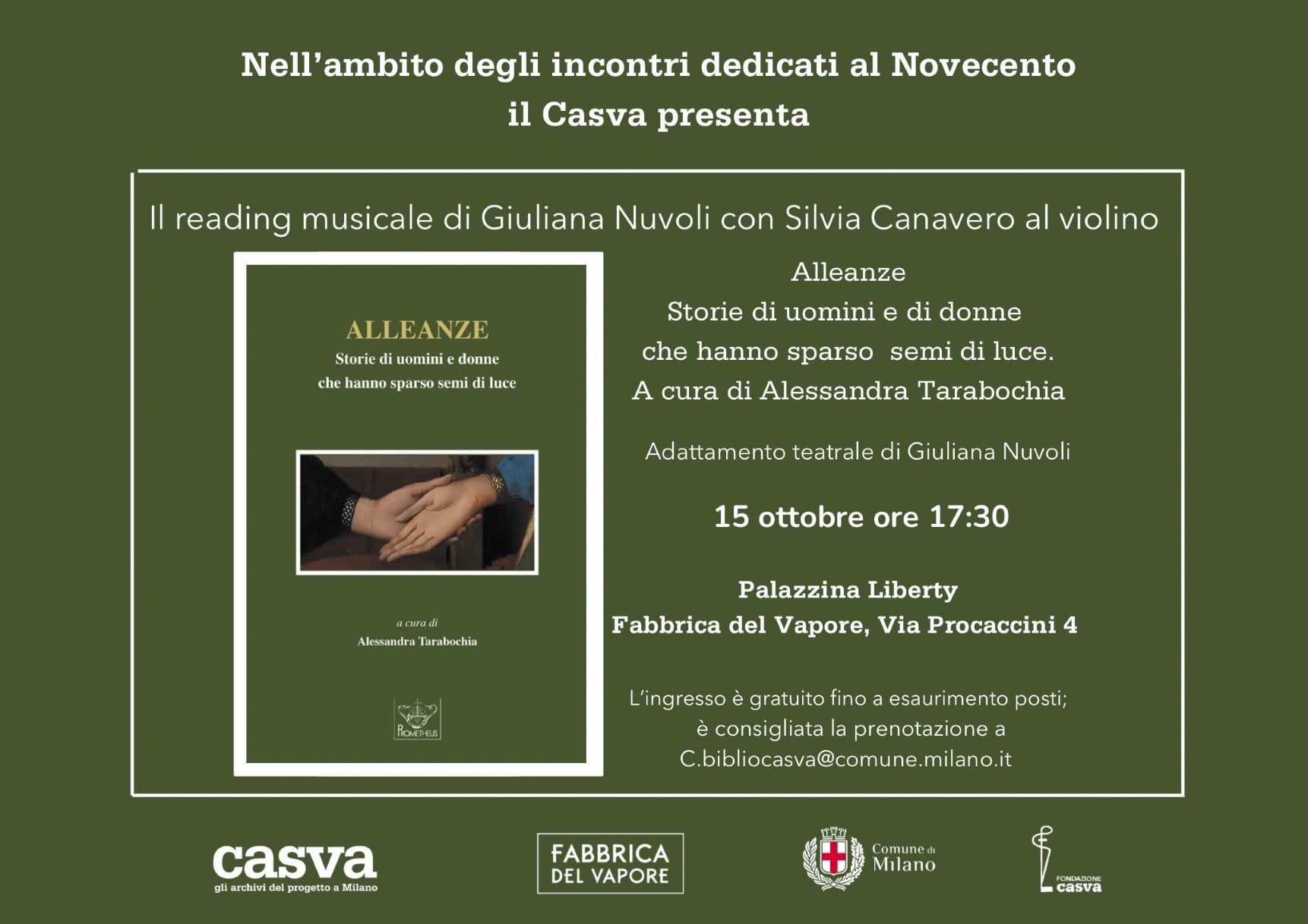 “Alleanze”, reading musicale di Giuliana Nuvoli con Silvia Canavero al violino, Palazzina Liberty, Fabbrica del Vapore, Via Procaccini, 4,15 ottobre 2022, ore 17.30