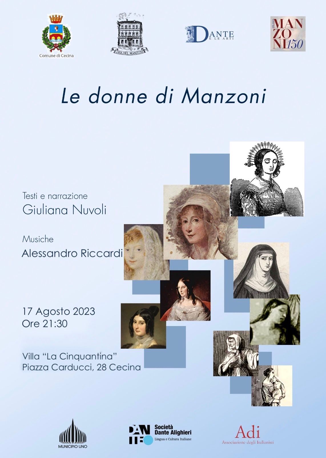 “Le donne di Manzoni”, testi e narrazione di Giuliana Nuvoli, musiche di Andrea Riccardi, 17 agosto, ore 21.30, Villa Guerrazzi, Cecina.
