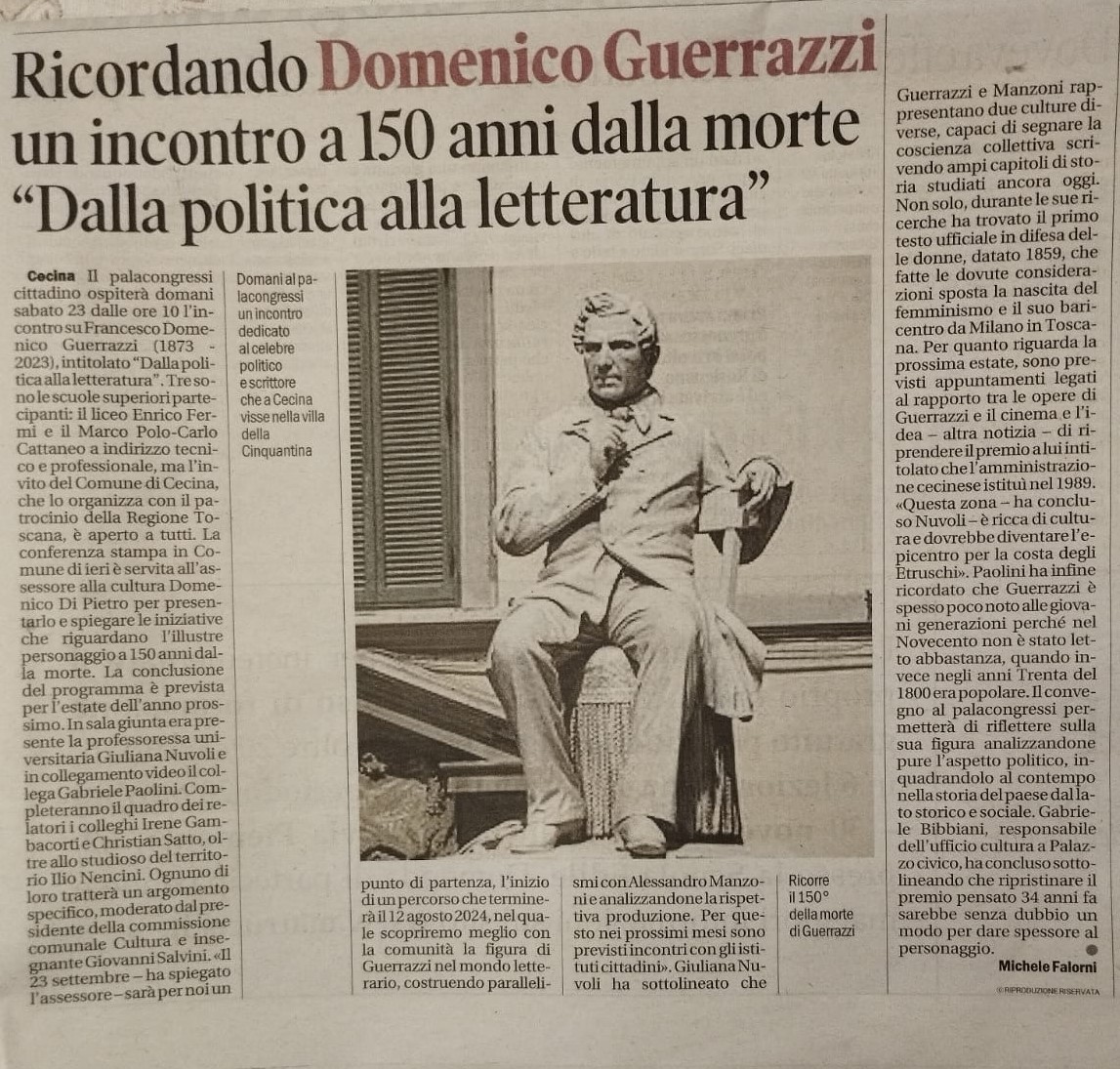 Conferenza stampa per Convegno “Francesco Domenico Guerrazzi 1873-2023. Dalla politica alla letteratura”, ne “il Tirreno”, 22 settembre
