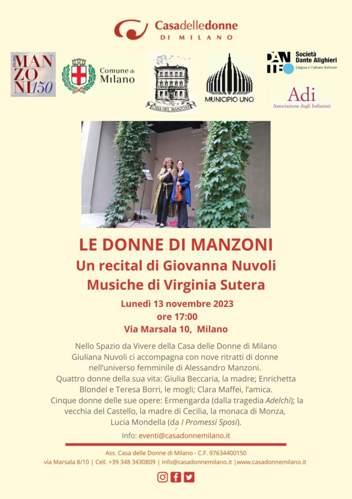 “Le donne di Manzoni”, testi e narrazione di Giuliana Nuvoli, musiche di Virginia Sutera, Milano, Casa delle Donne, 13 novembre 2023, ore17
